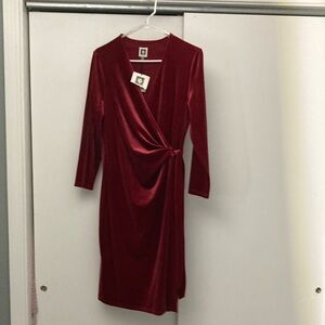 Anne Klein Red Ruched Wrap Dress Long Sleeve V-Neck